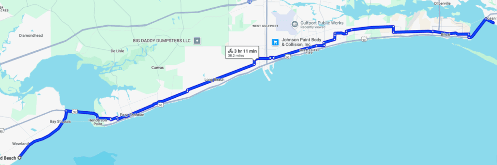 Google map showing bike route from Ocean Springs to Waveland along the beach